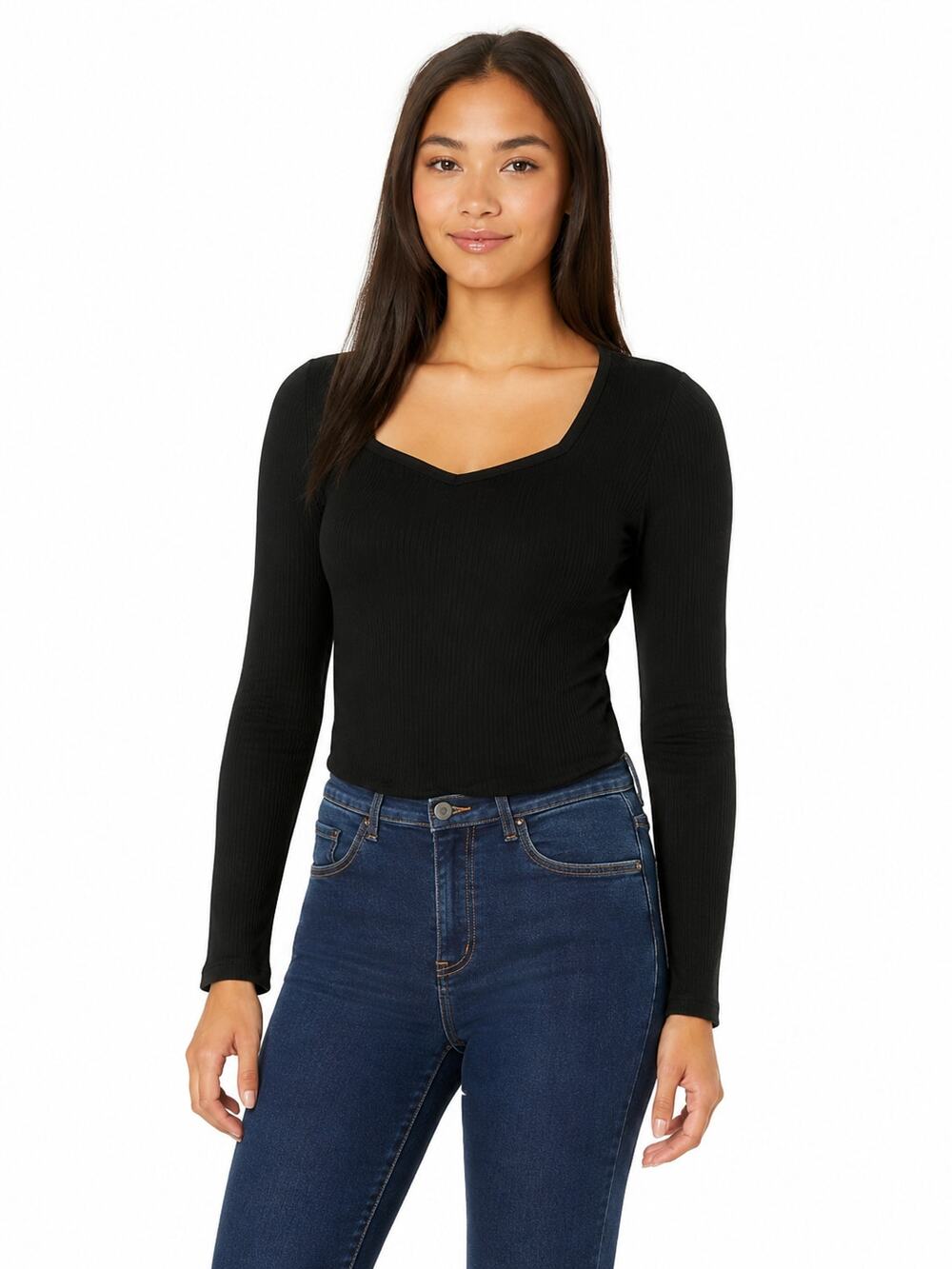SO Juniors Women’s Size XL Black Ribbed Sweetheart Neck Long Sleeve Fitted Top